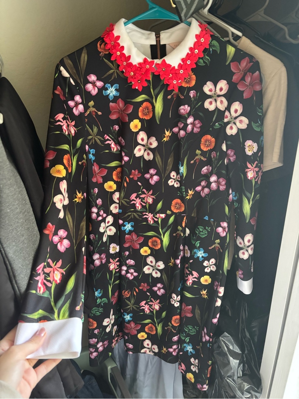 Ted Baker Size 3 Black Floral Long Sleeve Dress with Red Flower Peter Pan Collar